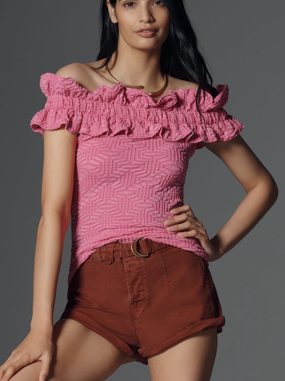 Maeve Hot Pink Ruffled Off-Shoulder Top